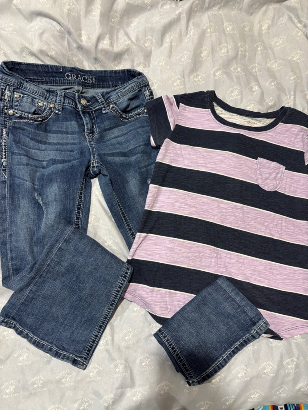 Arizona Jean Company Black & Light Purple Striped Tee with Grace Jeans